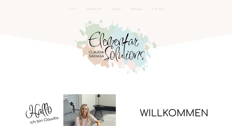 Startseite der Website Elementar Solutions von Claudia Sadiasa mit Aquarell-Logo, gestaltet von Kathy Alume